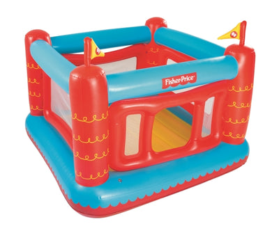 Bestway 93504 Fisher-Price -merkkinen ilmapatjatyyppinen trampoliini, mitat 1,75 m x 1,73 m x 1,35 m.