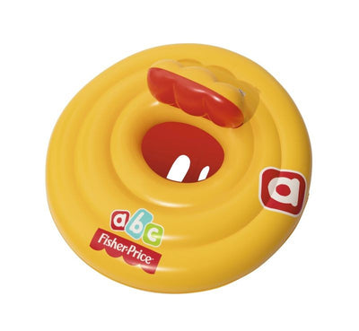 Bestway Fisher-Price Swim Safe Triple Ring vauvan istuin, jossa kolme renkaan muotoista osaa eri väreissä ja kuvioissa. Istuimen pohjassa on askelma, joka auttaa vauvaa istumaan tukevasti vedessä.