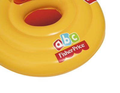 Bestway Fisher Price - Swim Safe -kolmirengasinen vauvatuoli. Turvallinen ja mukava istuin lapsille uimiseen. Kuvassa sininen turvarenkaan istuin, jossa on kaksi kahvaa.
