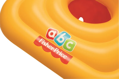 Bestway Fisher-Price -merkkinen neliönmuotoinen uimaistuin lapsille, koko 76cm x 76cm. Sinivalkoinen istuin, jossa on turvalliset kädensijat ja miellyttävä istuintyyny.