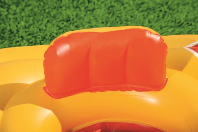 Bestway Fisher-Price -merkkinen neliönmuotoinen uimaistuin lapsille. Koko 76cm x 76cm. Sininen ja keltainen värimaailma, jossa ilmapalloaiheinen kuviointi.