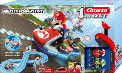 Carrera First -autorata, Nintendo Mario Kart -teemalla. Mukana Mario ja Yoshi -hahmot. Ikäsuositus 2-vuotiaille.
