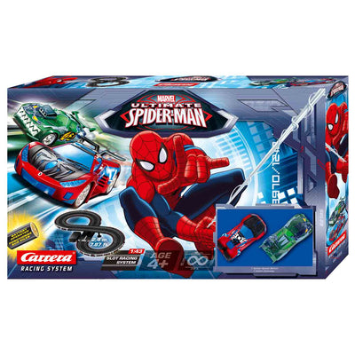 Carrera Go Spider-Man -autorata, jossa on kaksi autoa ja radan osia.