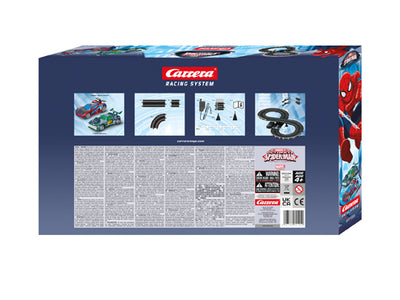 Carrera Go Spider-Man -autorata, jossa kaksi autoa ajamassa radalla.