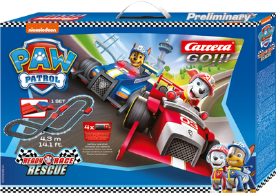 Paw Patrol -teemainen Carrera Go -autorata, jossa on Ready Race Rescue -aihe. Rata on 4,3 metriä pitkä ja siinä on erilaisia esteitä ja kaarteita.