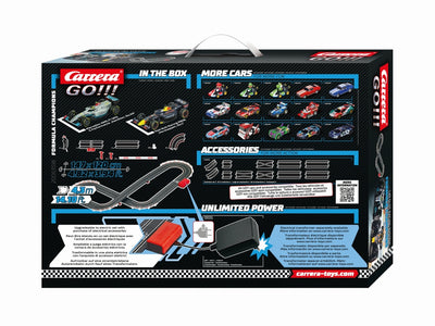 Carrera Go -autorata Formula Champions -teemalla. Rata on 4,3 metriä pitkä ja siinä on kaarteita ja suoria osuuksia.