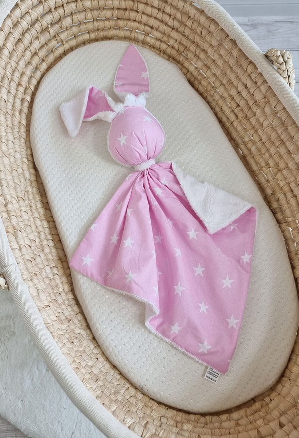 Bobono - Doudou pehmopupu kaksipuolinen puuvilla ja minky - vaaleanpunaiset tähdet - valkoinen