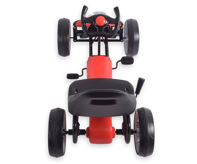 Punainen polkupyörällä liikkuva karting-auto.