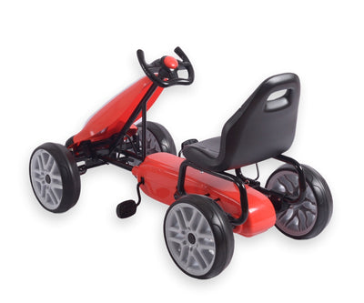 Punainen polkupyörä gokart-tyyppisellä muotoilulla.