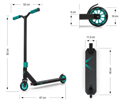 Sininen MMX Raptor -merkkinen temppuscooter.