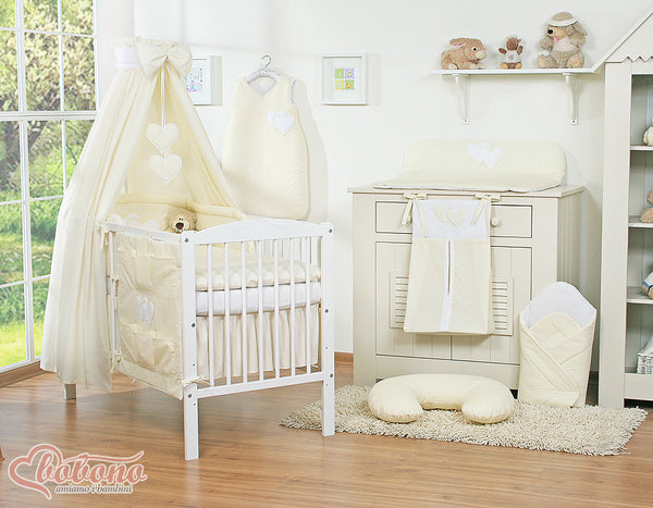 Baby Products - Vuodevaatesetti 5 osaa 120x90 katoksella - Hanging Hearts kerma