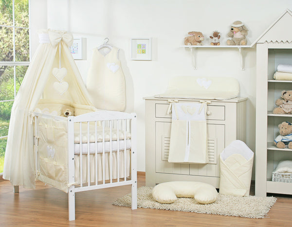 Baby Products - Vuodevaatesetti 5 osaa 120x90 katoksella - Hanging Hearts kerma