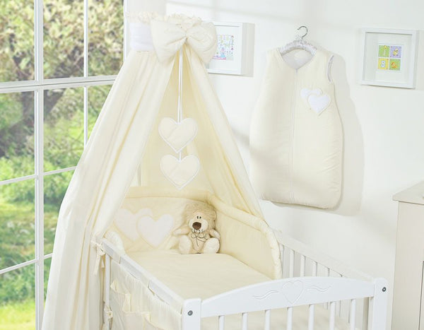 Baby Products - Vuodevaatesetti 5 osaa 120x90 katoksella - Hanging Hearts kerma