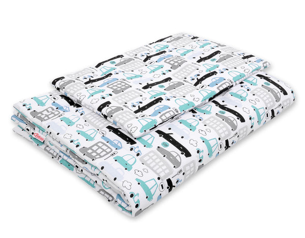 Peitto ja tyyny vauvalle 135x100 cm - gray and turquoise cars