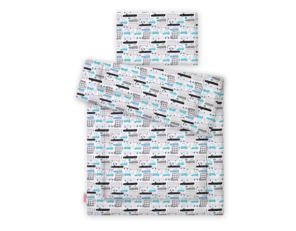 Peitto ja tyyny vauvalle 135x100 cm - gray and turquoise cars