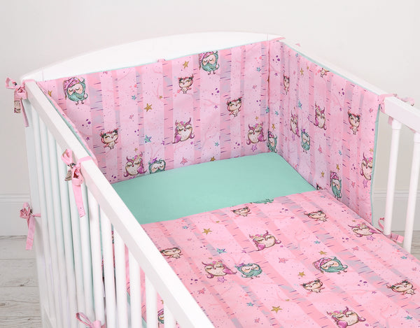Bobono - Yleismallinen pinnasängyn reunapehmuste pöllöt pinkki-minttu