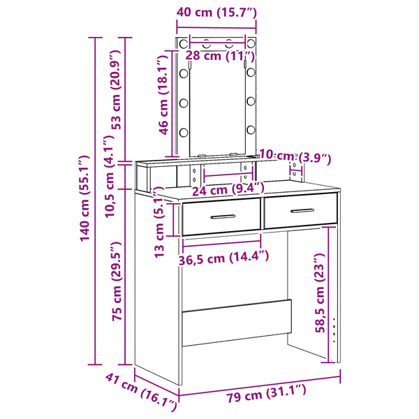 Meikkipöytä LED -nauhavalot Musta 79 x 41 x 140 cm Tekninen puu