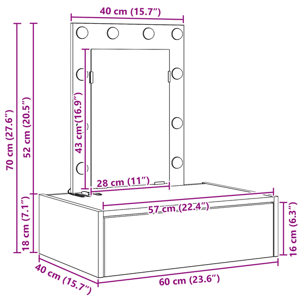 Meikkipöytä LED -nauhavalot Harmaa 60 x 40 x 70 cm Tekninen puu