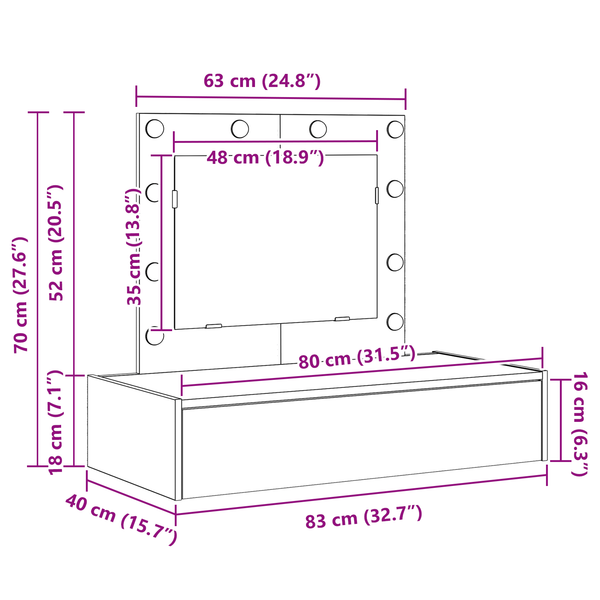 Meikkipöytä LED -nauhavalot Ruskea 83 x 40 x 70 cm Tekninen puu