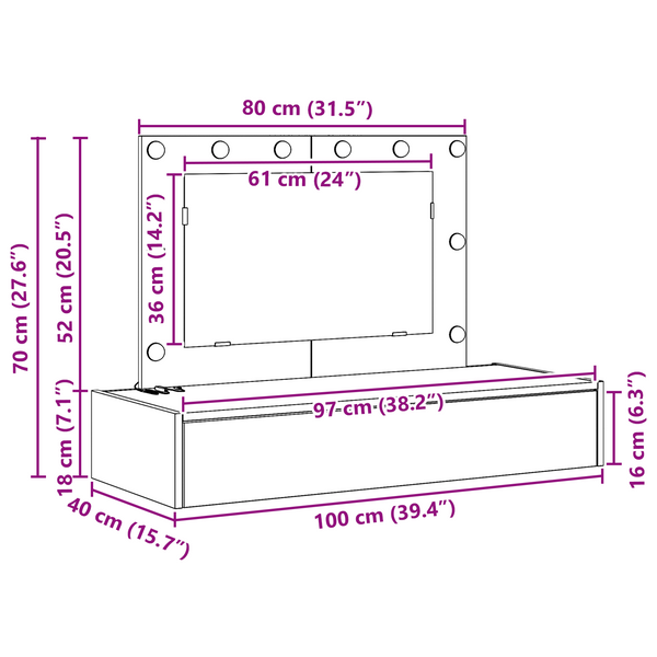 Meikkipöytä LED -nauhavalot Musta 100 x 40 x 70 cm Tekninen puu