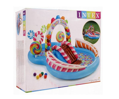 Intex 57149NP -vesileikkikeskus, Candy-malli. Koko: 295 cm x 191 cm x 130 cm.