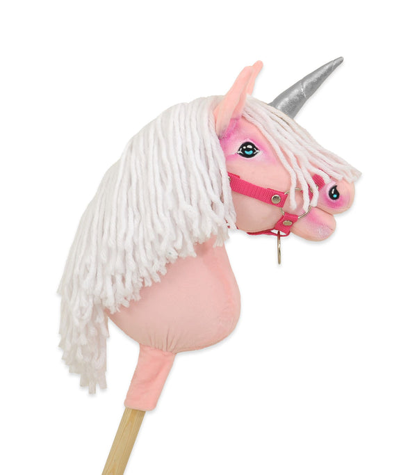 Super Hobby Horse - Keppihevonen yksisarvinen - vaaleanpunainen valkoisella harjalla ja hopeisella sarvella A4