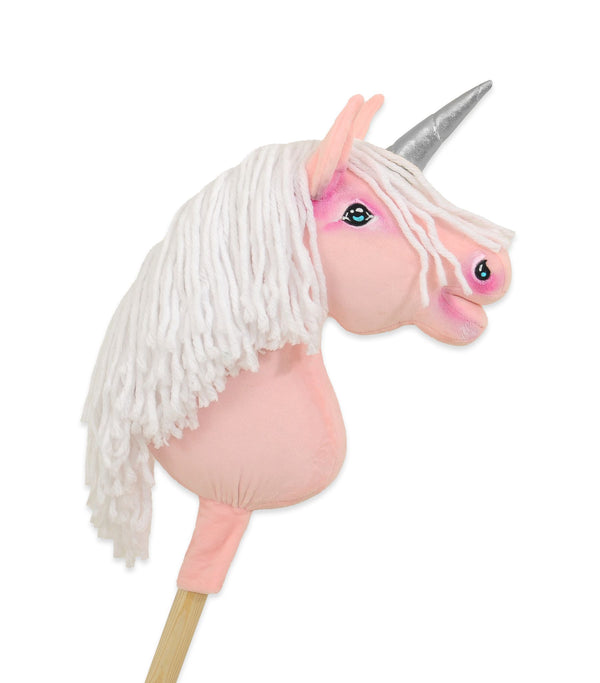 Super Hobby Horse - Keppihevonen yksisarvinen - vaaleanpunainen valkoisella harjalla ja hopeisella sarvella A4