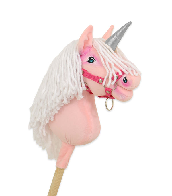 Super Hobby Horse - Keppihevonen yksisarvinen - vaaleanpunainen valkoisella harjalla ja hopeisella sarvella A4