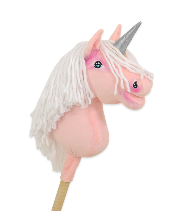 Super Hobby Horse - Keppihevonen yksisarvinen - vaaleanpunainen valkoisella harjalla ja hopeisella sarvella A4