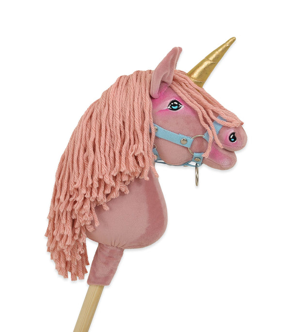 Super Hobby Horse - Yksisarvinen keppihevonen - pastellinvaaleanpunainen vaaleanpunaisella harjalla ja kultaisella sarvella A4