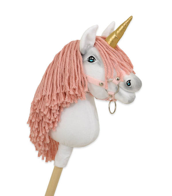 Super Hobby Horse - Keppihevonen yksisarvinen - valkoinen pastellinvaaleanpunaisella harjalla ja kultaisella sarvella A4