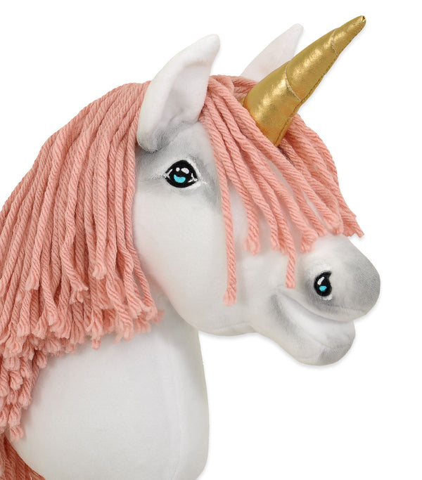 Super Hobby Horse - Keppihevonen yksisarvinen - valkoinen pastellinvaaleanpunaisella harjalla ja kultaisella sarvella A4