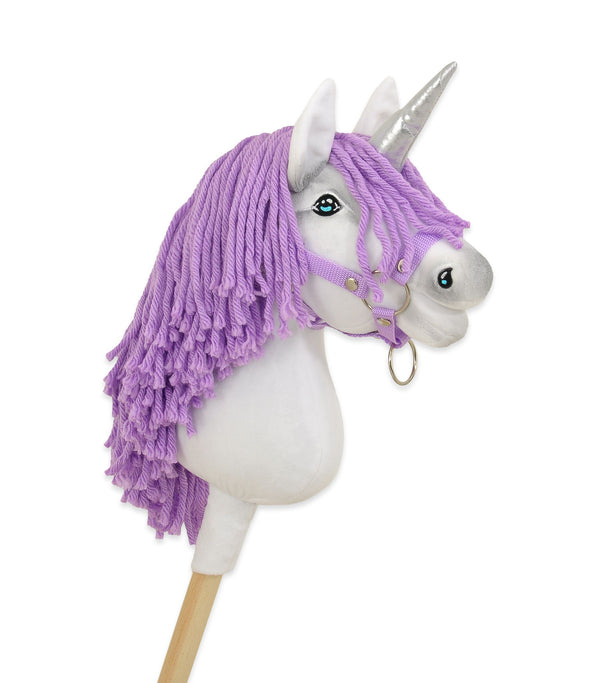 Super Hobby Horse - Keppihevonen yksisarvinen - valkoinen lila harjalla ja hopeisella sarvella A4