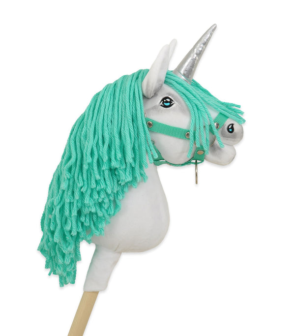 Super Hobby Horse - Keppihevonen yksisarvinen kepillä - valkoinen mintunvärisellä harjalla ja hopeisella sarvella A4