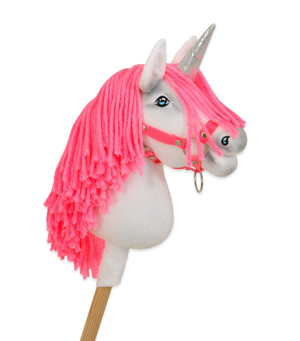 Super Hobby Horse - Keppihevonen Yksisarvinen valkoinen neonvaaleanpunaisella harjalla ja hopeisella sarvella A4