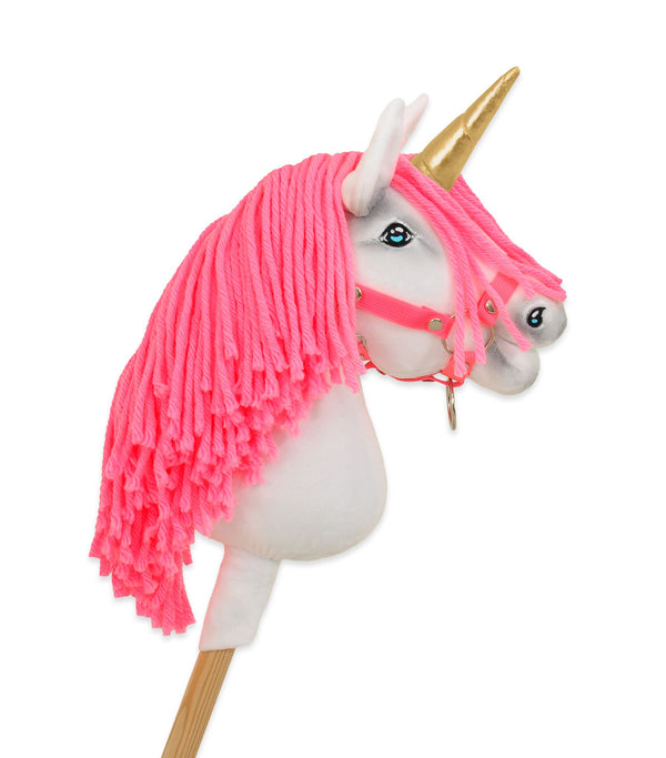 Super Hobby Horse - Hobby Horse yksisarvinen kepillä valkoinen neonvaaleanpunaisella harjalla ja kultaisella sarvella A4