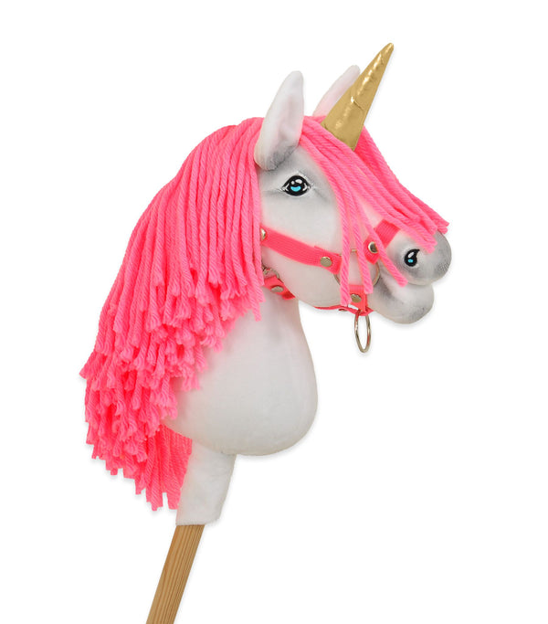 Super Hobby Horse - Hobby Horse yksisarvinen kepillä valkoinen neonvaaleanpunaisella harjalla ja kultaisella sarvella A4