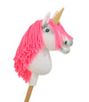 Super Hobby Horse - Hobby Horse yksisarvinen kepillä valkoinen neonvaaleanpunaisella harjalla ja kultaisella sarvella A4