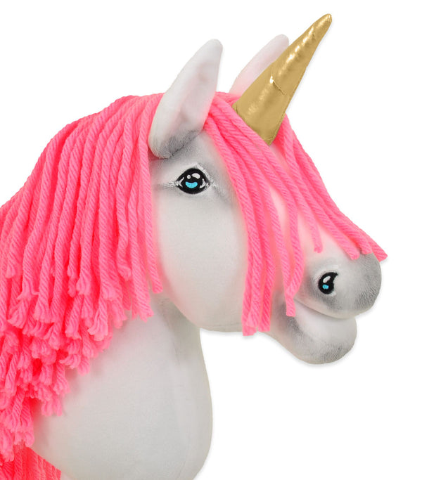 Super Hobby Horse - Hobby Horse yksisarvinen kepillä valkoinen neonvaaleanpunaisella harjalla ja kultaisella sarvella A4