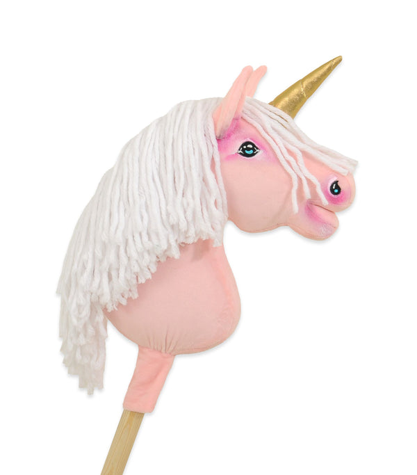 Super Hobby Horse - Yksisarvinen keppihevonen - vaaleanpunainen valkoisella harjalla ja kultaisella sarvella A4