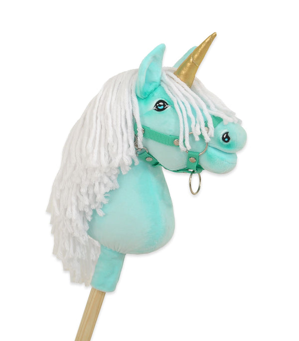 Super Hobby Horse - Keppihevonen yksisarvinen - mintunvihreä valkoisella harjalla ja kultaisella sarvella A4
