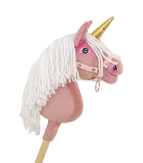 Super Hobby Horse - Hobby Horse keppihevonen yksisarvinen pastellinvaaleanpunainen valkoisella harjalla ja kultaisella sarvella A4