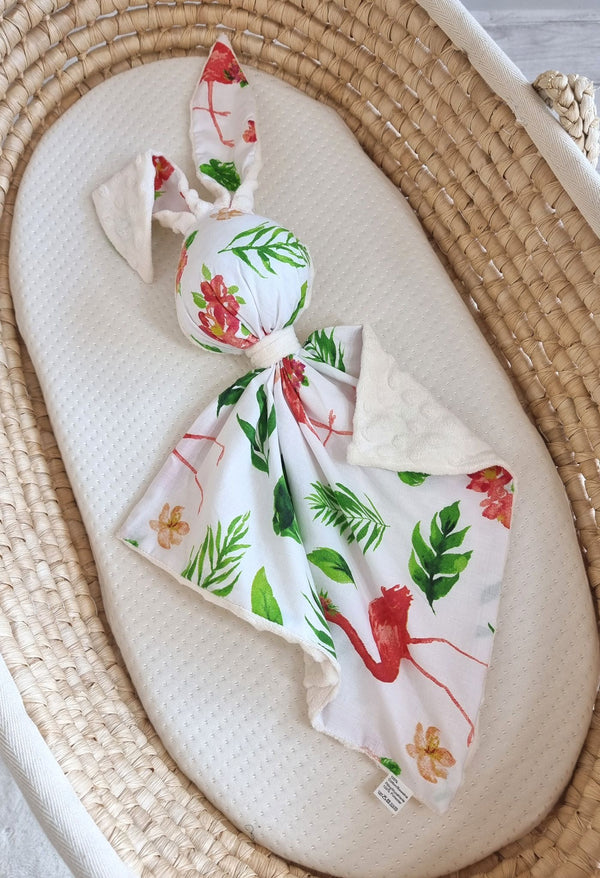 Bobono - Doudou pehmopupu kaksipuolinen puuvilla ja minky - Korallinpunaiset flamingot - ecru