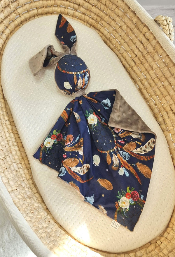 Bobono - Doudou pehmopupu kaksipuolinen puuvilla ja minky - tummansininen unisiepparit - ruskea