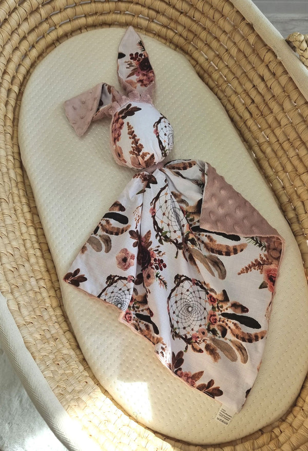 Bobono - Doudou pehmoinen pupu kaksipuolinen puuvilla ja minky - Floral Dream Catchers - vanha roosa