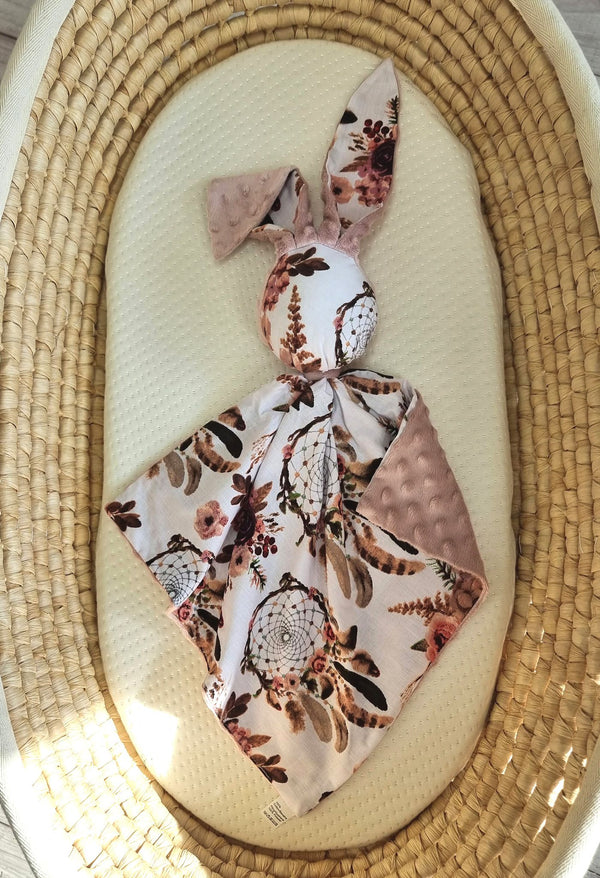 Bobono - Doudou pehmoinen pupu kaksipuolinen puuvilla ja minky - Floral Dream Catchers - vanha roosa