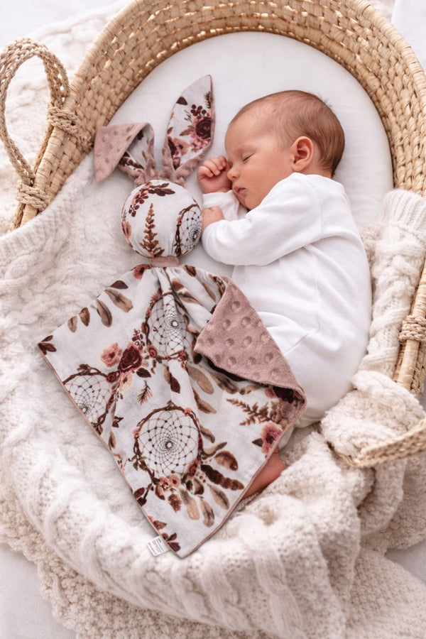 Bobono - Doudou pehmoinen pupu kaksipuolinen puuvilla ja minky - Floral Dream Catchers - vanha roosa
