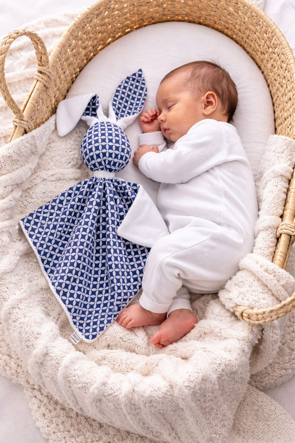 Bobono - Doudou pehmopupu kaksipuolinen puuvilla ja minky - Mini rosette tummansininen - valkoinen