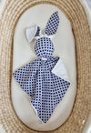 Bobono - Doudou pehmopupu kaksipuolinen puuvilla ja minky - Mini rosette tummansininen - valkoinen