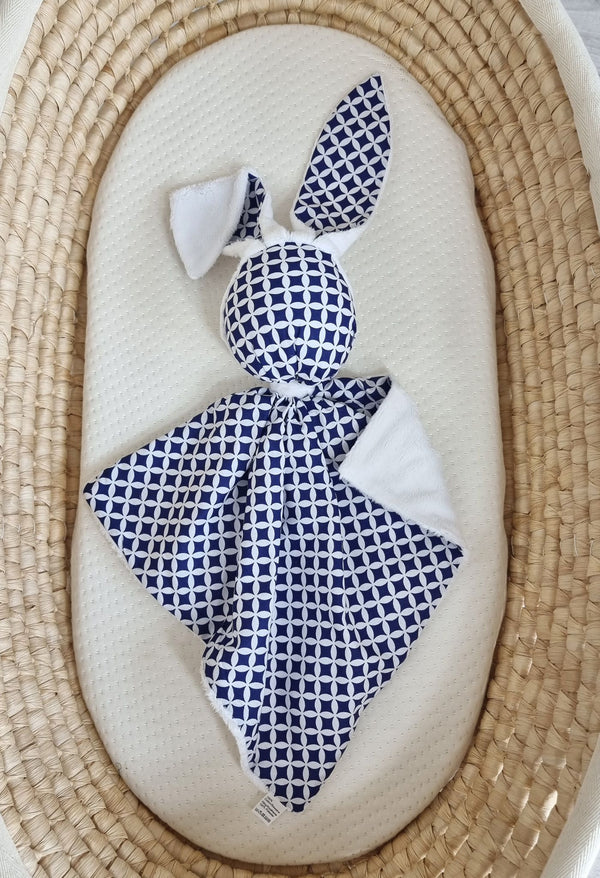 Bobono - Doudou pehmopupu kaksipuolinen puuvilla ja minky - Mini rosette tummansininen - valkoinen